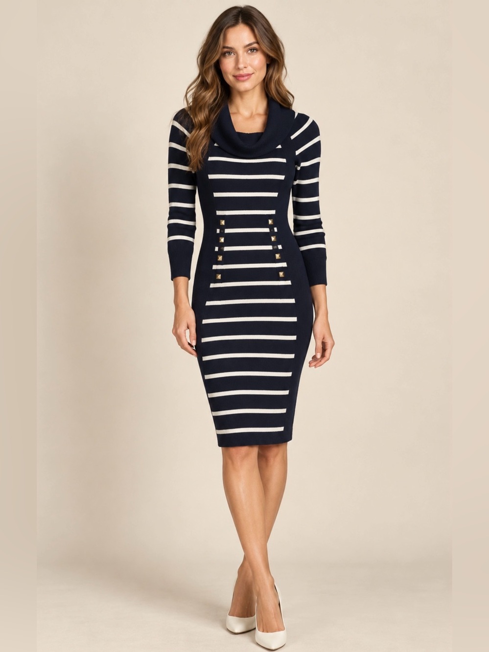 Cache Navy Blue Striped Cowl Neck Sweater Dress Size XS